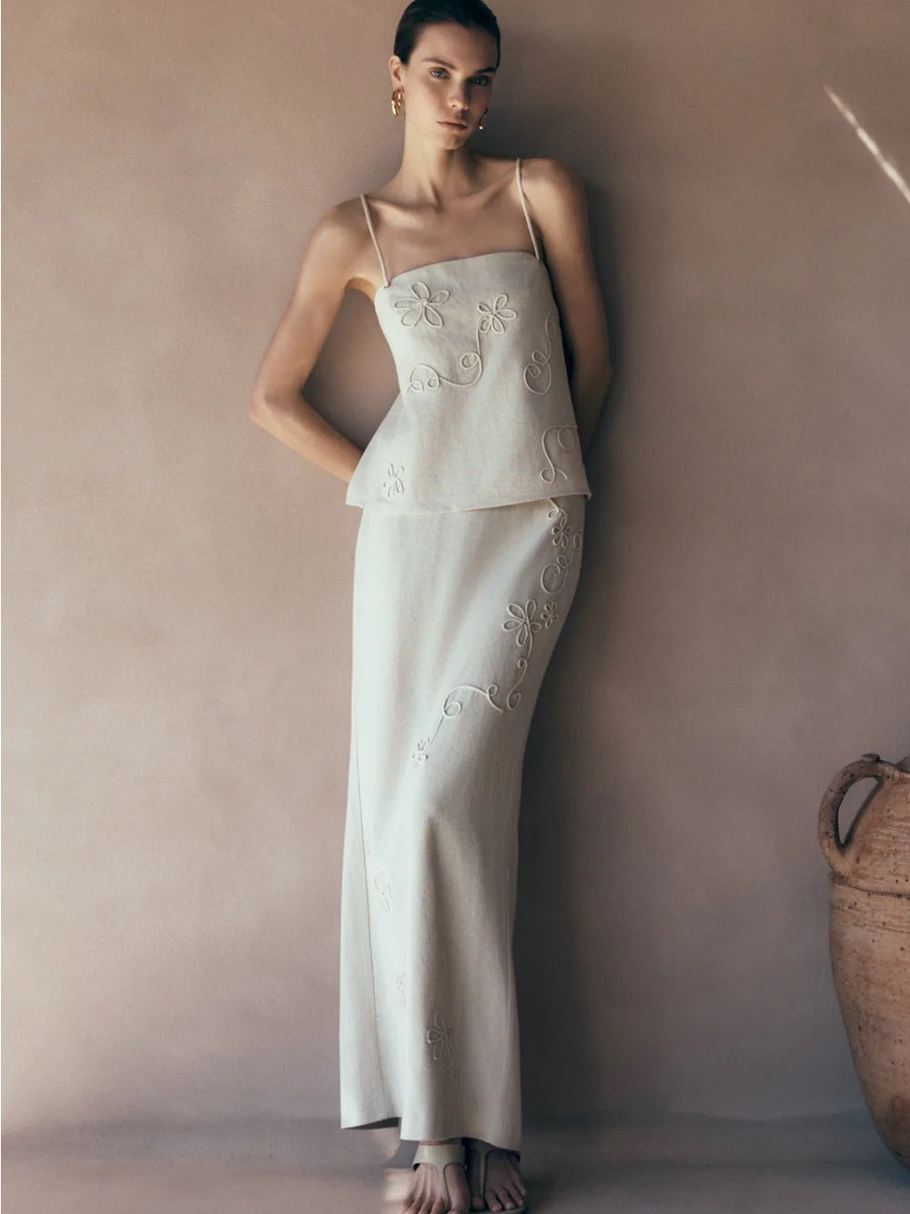 Casey - Linen Embroidered Maxi Skirt - Natural